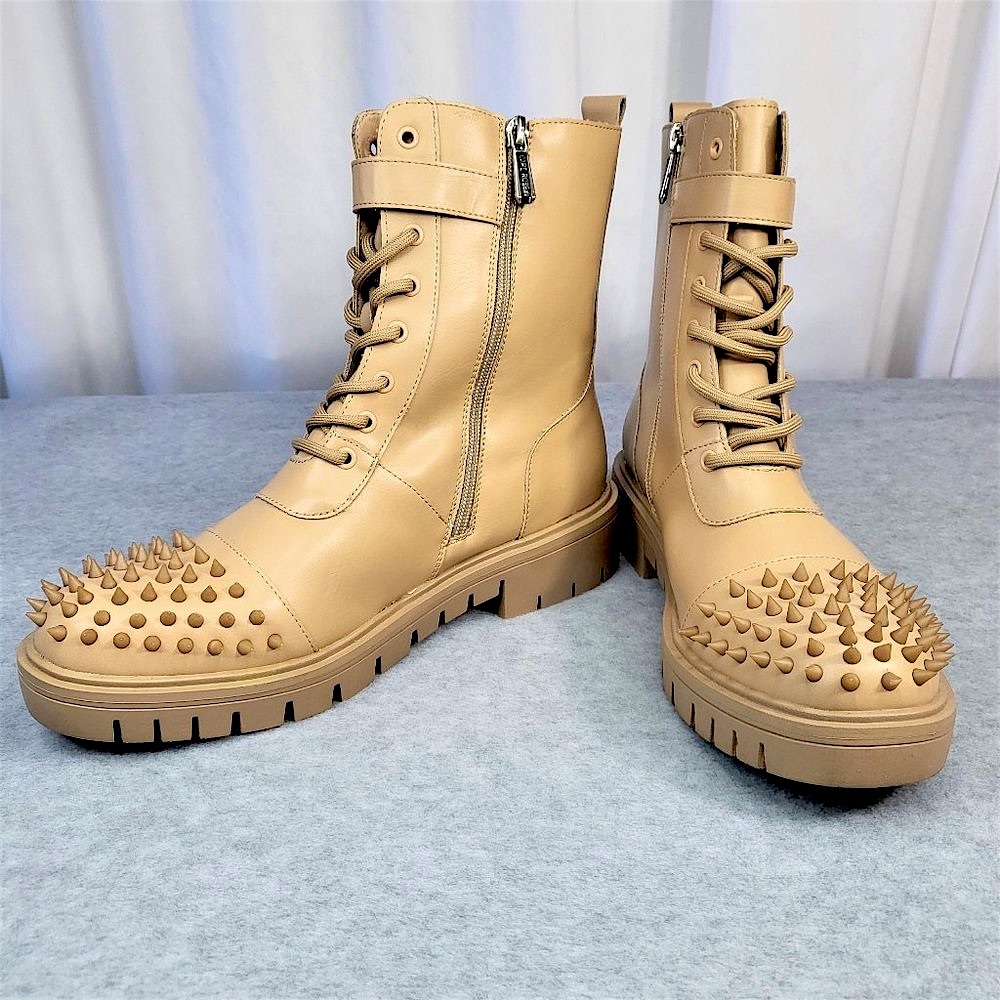 Cape Robbin Bitten Nude Spiked Combat Moto Punk Ankle Boots - Picture 4 of 6